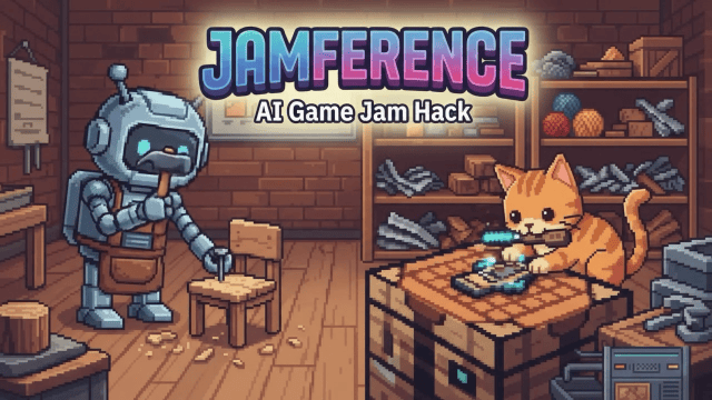 Jamference: AI Game Jam Hack, a pixel-art workshop where a robot in an apron hammers a wooden chair and a ginger cat tinkers at a crafting table.
