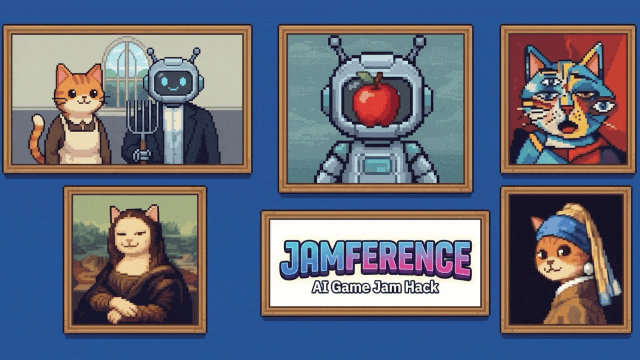 Jamference: AI Game Jam Hack, a pixel-art gallery wall of famous paintings restaged with a ginger cat and a friendly robot, from a cat Mona Lisa to a robot with an apple.