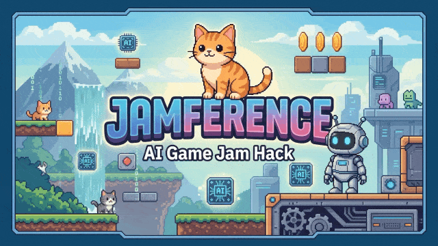 Jamference #1 key art: a pixel-art scene with a ginger cat, a friendly robot and floating AI chips.