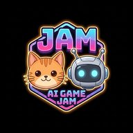 Jamference AI Game Jam logo: a ginger cat and a robot under neon lettering.